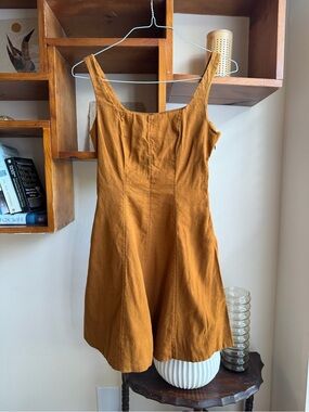 Linen Sleeveless A-Line Pocket Mini Dress (Mustard | Tan | 2 / Small)